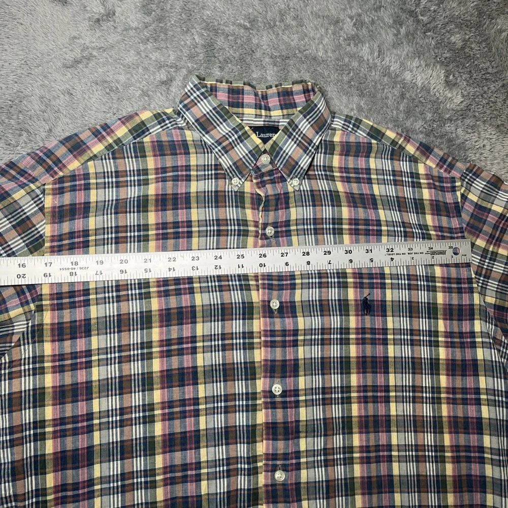 VTG Ralph Lauren Mcmeel Short Sleeve Plaid Polo Button Down Shirt Navy Pony SZ L